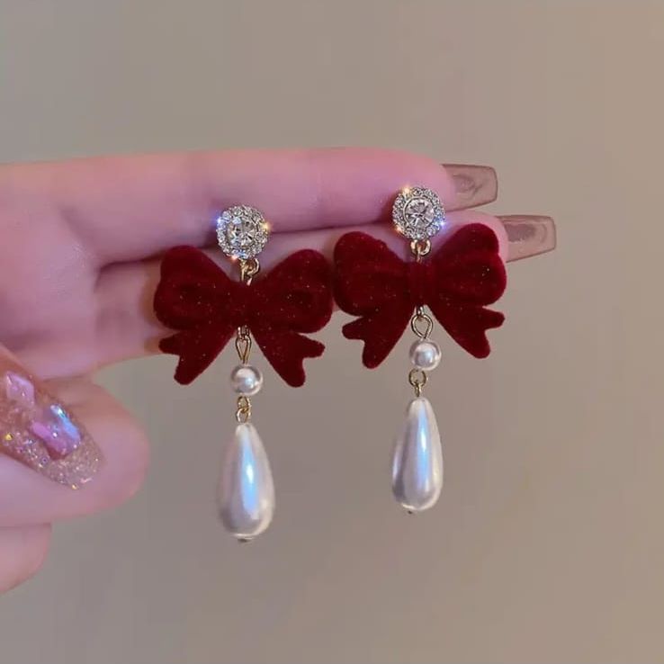 Red Velvet Bow Pearl Earring