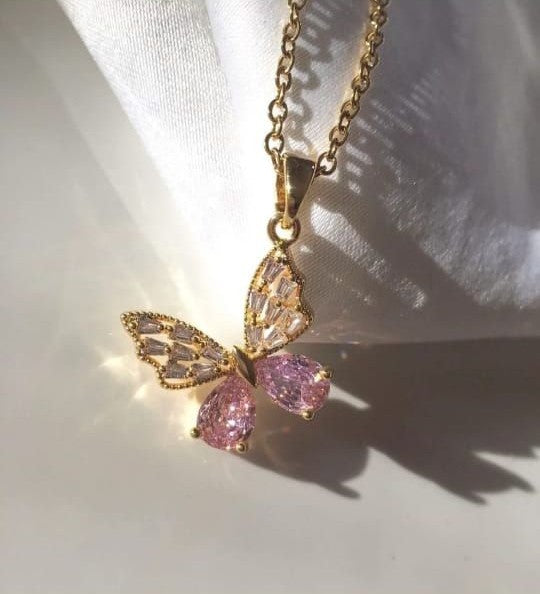 Pink Crystal Butterfly Necklace