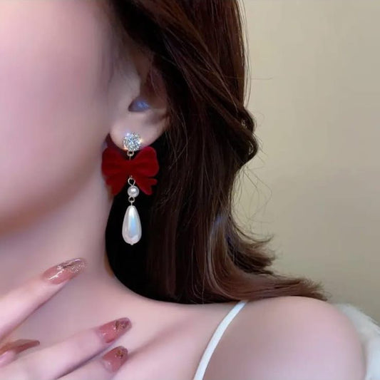 Red Velvet Bow Pearl Earring