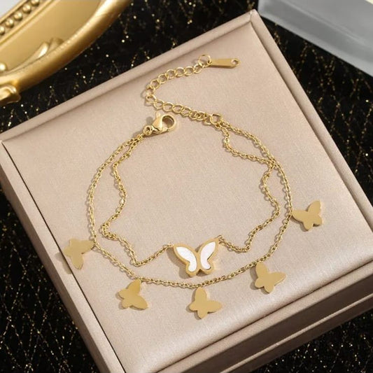 White butterfly Double Layered Chain Bracelet