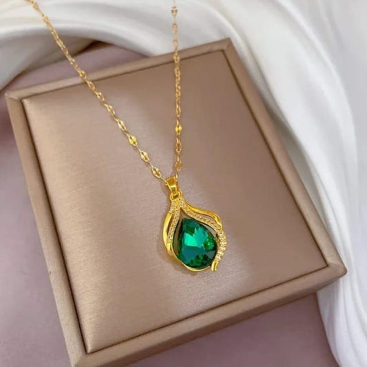 Stainless Steel Green Crystal Stone Necklace