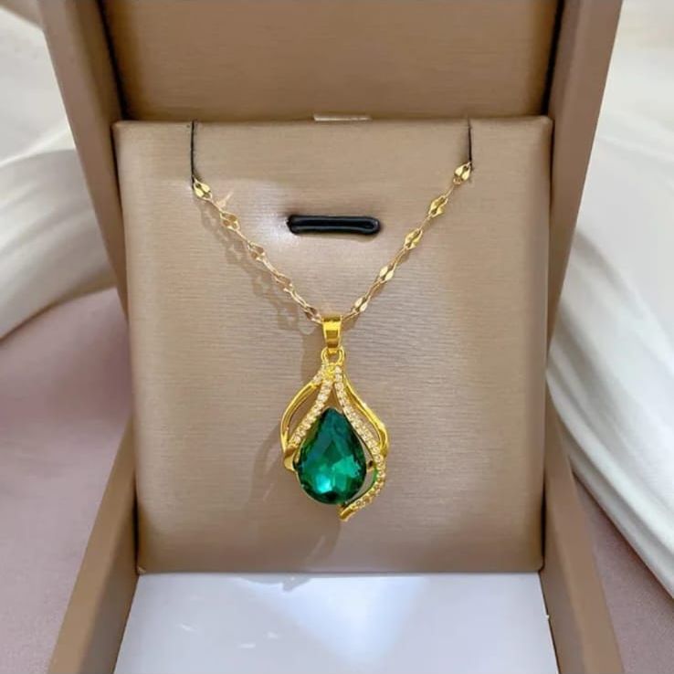 Stainless Steel Green Crystal Stone Necklace