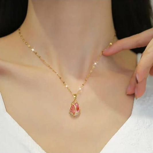 Stainless Steel Pink Tulip Necklace