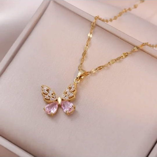 Pink Crystal Butterfly Necklace