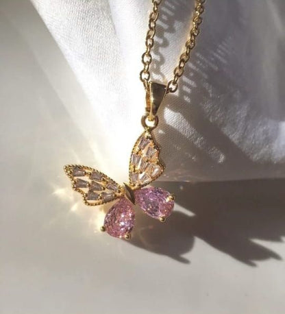 Pink Crystal Butterfly Necklace