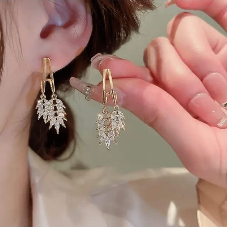 Leaf Shape Crystal Korean Earrings