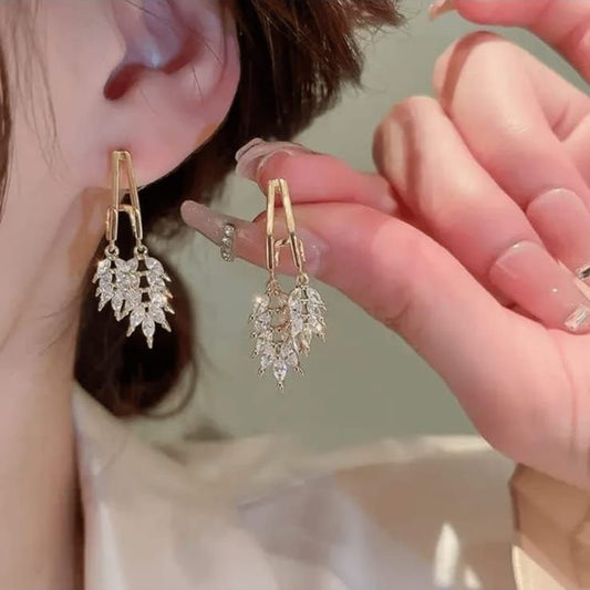 Leaf Shape Crystal Korean Earrings