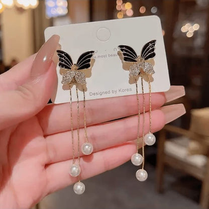 Black Butterfly With Pearl Korean Earring