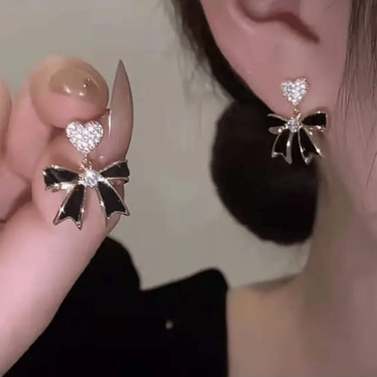 Crystal Heart With Black Bow Earring