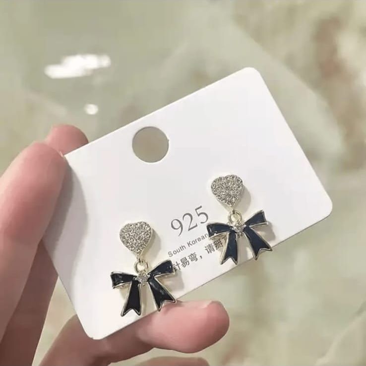 Crystal Heart With Black Bow Earring
