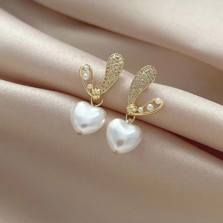 Bling BunnyEared Heart Korean Earrings