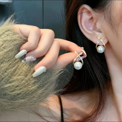Diamond Studded Cross Pearl Earring